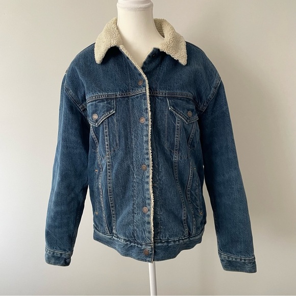Aritzia Denim Forum The Ella Sherpa Lined Denim Jacket Dark Wash Size Large - Picture 4 of 11